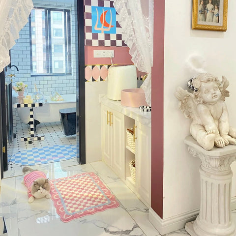 Pink & White Checkerboard Rug