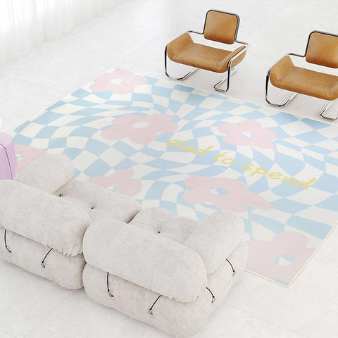 Checkered Twisted Blue Floral Rug - HYPEINDAHOUSE